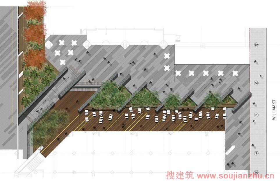 池底矩形带状排列的各色铺装与建筑立面丰富而璀璨的led照明形成呼应