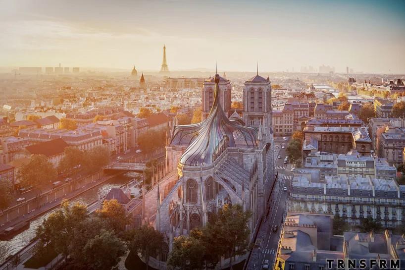 法国·彩色玻璃屋顶扭曲成尖顶，作为巴黎圣母院的另一种视觉---trnsfrm