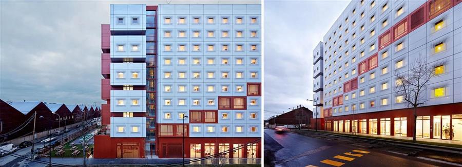 法国BFV公司建造了白色和鲜红的冲孔金属外墙学生宿舍