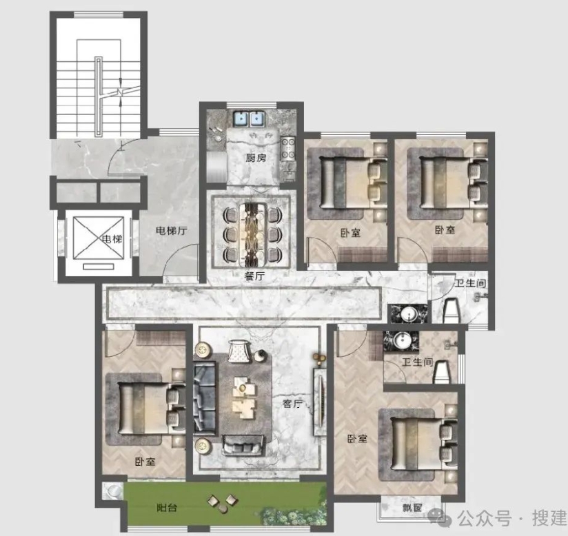 楼市|户型设计|148㎡四房有多爽?横厅+双阳台+套房主卧,这8个户型把“空间魔法”玩明白了!